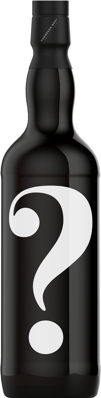 A black whisky bottle with a white question mark as the bottles label.